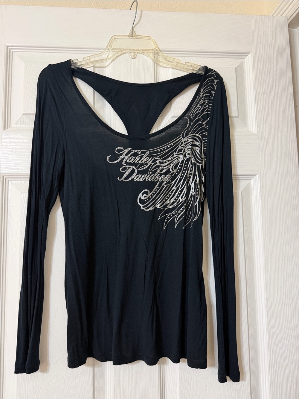 Harley-Davidson Black Long Sleeve Scoop Back Top with Sequin Racer Panel - Small